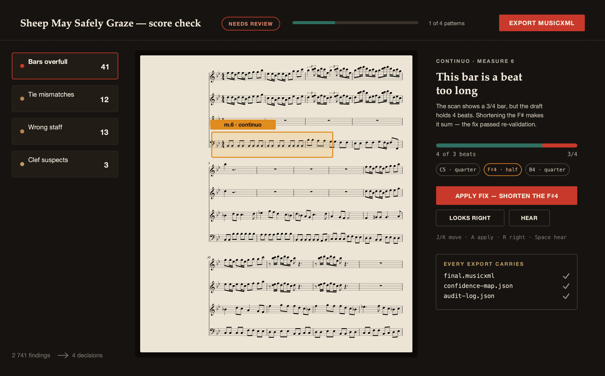 Score check reviewing a real engraved page: pattern list, spotlighted bar, and a verified fix.